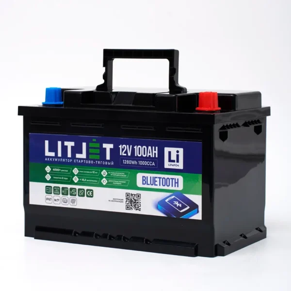 Литиевый аккумулятор стартово/тяговый LITJET SMART LiFePO4 12V 100Ah 1280Wh 1000CCA корпус сбоку