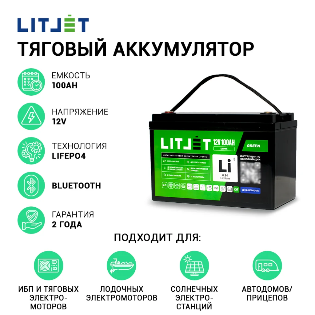 Литиевый аккумулятор тяговый LITJET GREEN LiFePO4 12V 100Ah 1280Wh с Bluetooth IP65 инфографика