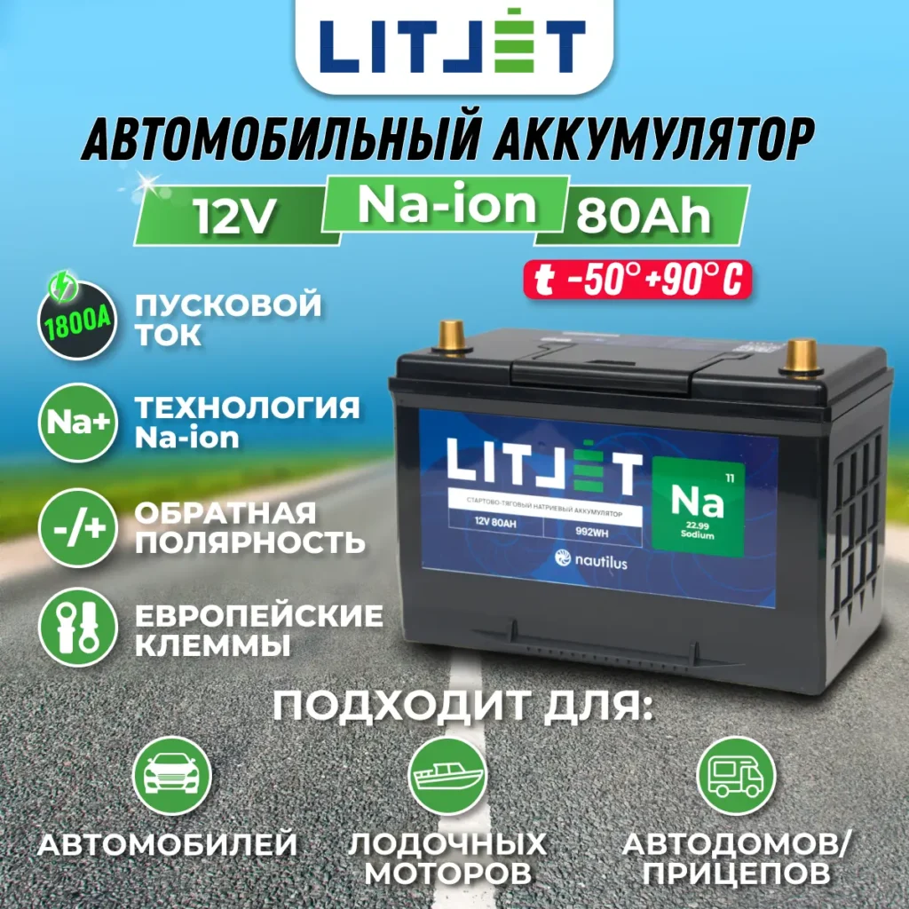 Натриевый аккумулятор стартово – тяговый LITJET 12V 80Ah инфографика