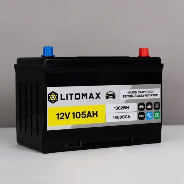 Натриевый стартово/тяговый аккумулятор LitoMax 12V 105Ah 1302Wh R+ картинка