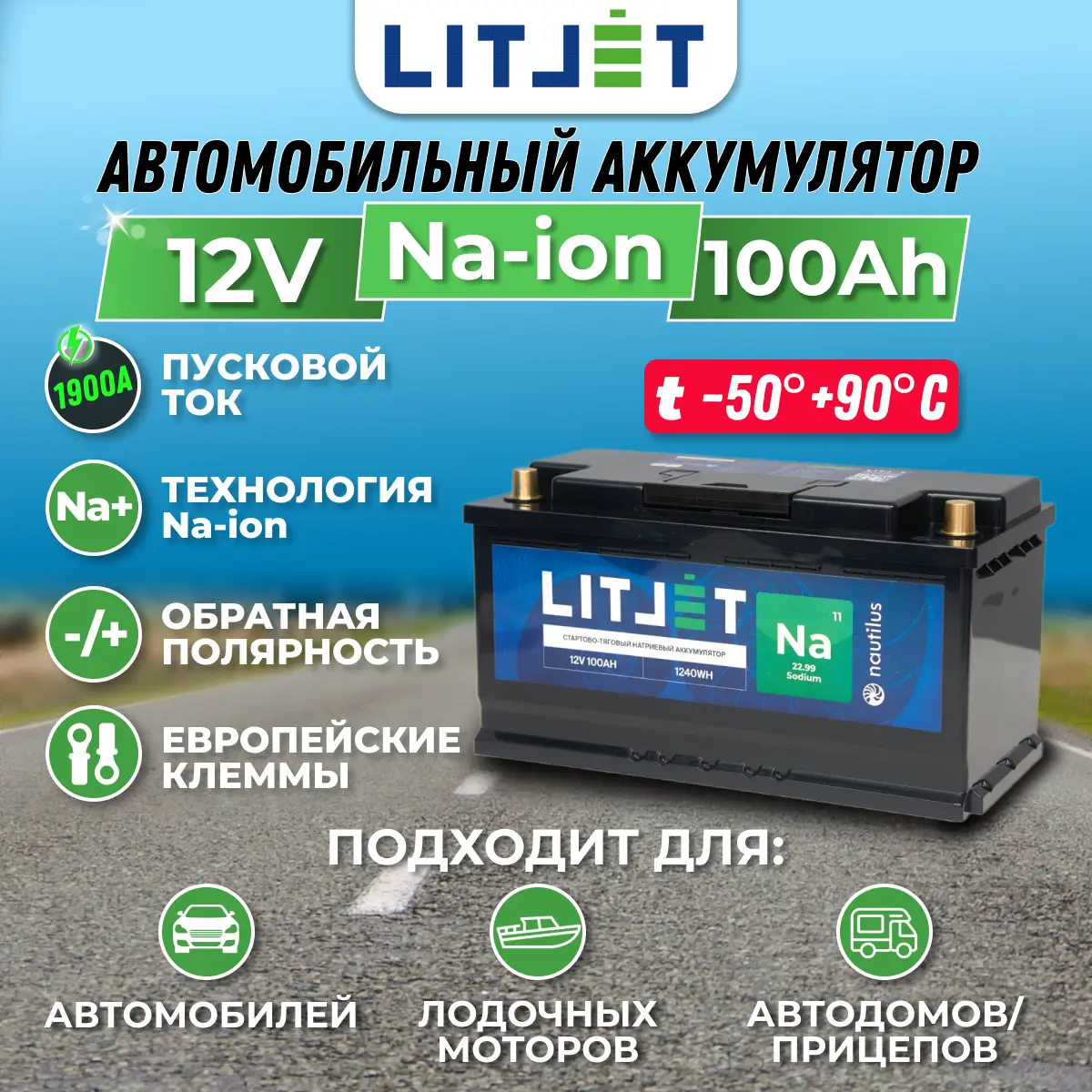 Натриевый аккумулятор стартово - тяговый LITJET Na+ 12V 100Ah 1240Wh 1900CCA инфографика