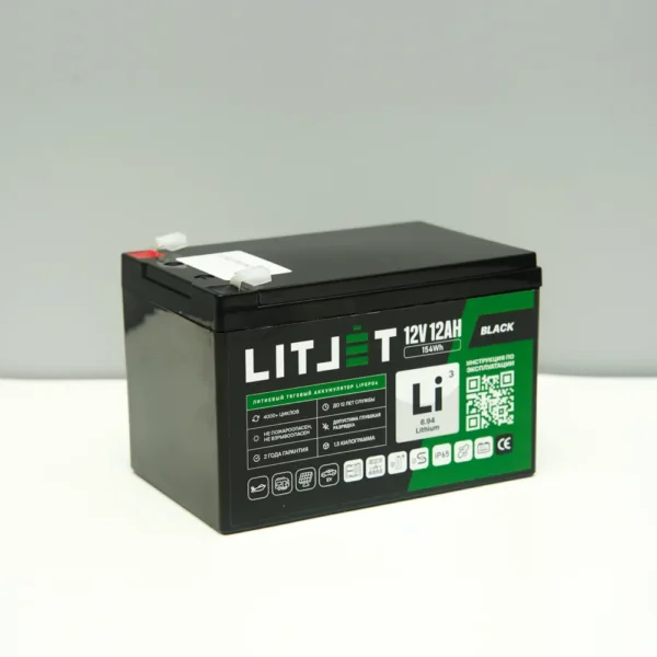 Литиевый аккумулятор тяговый LITJET BLACK LiFePO4 12V 12Ah 154Wh вид сбоку