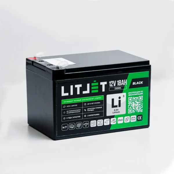 Литиевый аккумулятор тяговый LITJET BLACK LiFePO4 12V 18Ah фото спереди