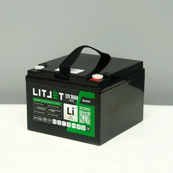 Литиевый аккумулятор тяговый LITJET BLACK LiFePO4 12V 30Ah 384Wh IP65 вид сбоку