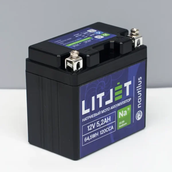 Натриевый стартовый мото аккумулятор 12V 5,2Ah 64,5Wh 120CCA YTX5A L+ корпус