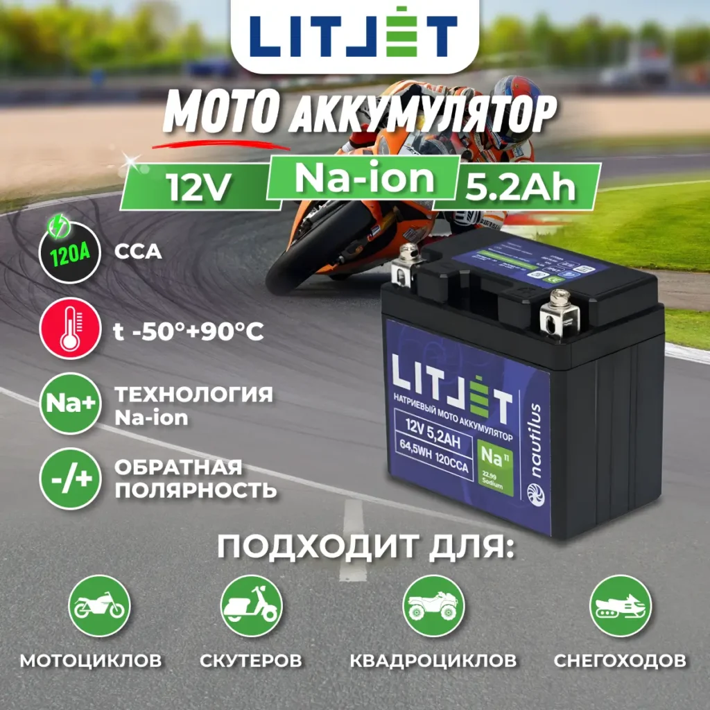 Натриевый стартовый мото аккумулятор 12V 5,2Ah 64,5Wh 120CCA YTX5A R+ инфографика