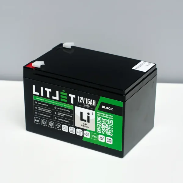 Литиевый аккумулятор тяговый LITJET BLACK LiFePO4 12V 15Ah 192Wh вид сбоку