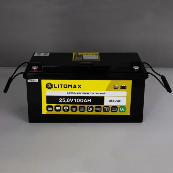 Литиевый аккумулятор тяговый LitoMax LiFePO4 25,6V 100Ah с цветным монитором фото с ручками