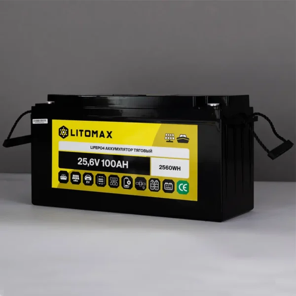 Литиевый аккумулятор тяговый LitoMax LiFePO4 25,6V с цветным монитором фото сбоку