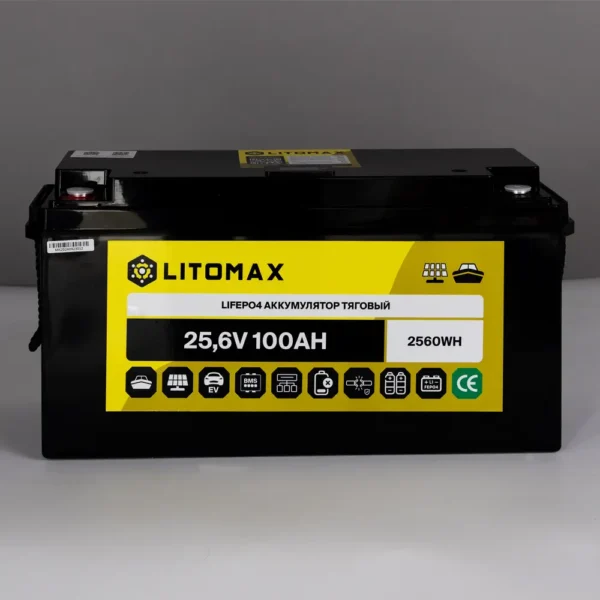 Литиевый аккумулятор тяговый LitoMax LiFePO4 25,6V 100Ah с цветным монитором фото сверху
