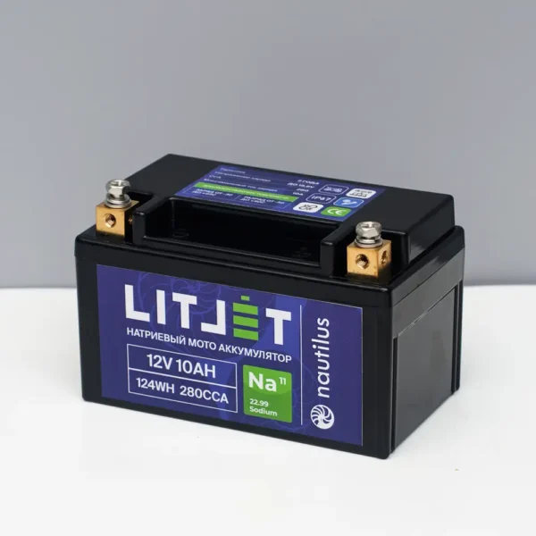 Натриевый стартовый мото аккумулятор 12V 10Ah 124Wh 250CCA YTX7A L+ вид сбоку