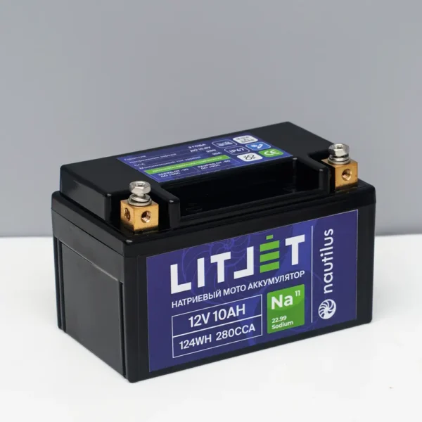 Натриевый стартовый мото аккумулятор 12V 10Ah 124Wh 250CCA YTX7A L+ вид сбоку фото