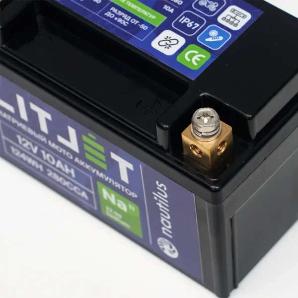 Натриевый стартовый мото аккумулятор 12V 10Ah 124Wh 250CCA YTX7A L+ вид клеммы
