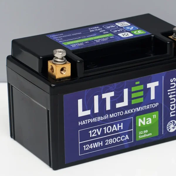 Натриевый стартовый мото аккумулятор 12V 10Ah 124Wh 250CCA YTX7A L+ клеммы