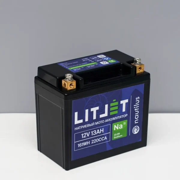 Натриевый стартовый мото аккумулятор 12V 13Ah 161Wh 300CCA YTX14A L+ корпус вид сбоку