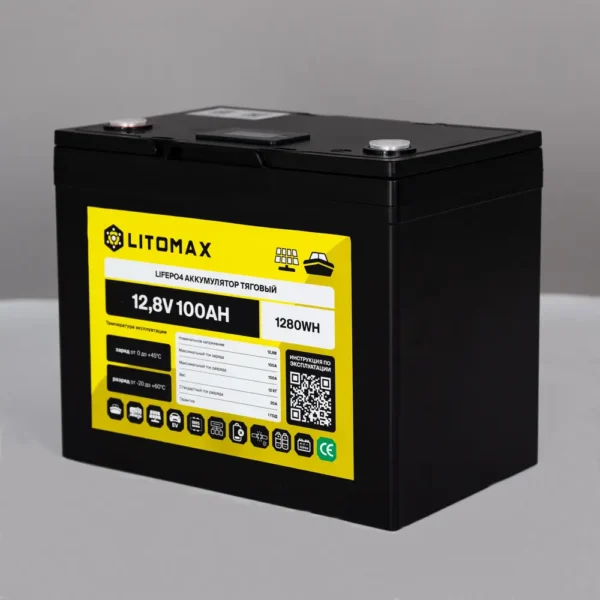 Литиевый аккумулятор тяговый LitoMax LiFePO4 12,8V 100Ah с цветным монитором фото сбоку