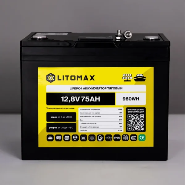 Литиевый аккумулятор тяговый LitoMax LiFePO4 12,8V 75Ah с цветным монитором фото спереди