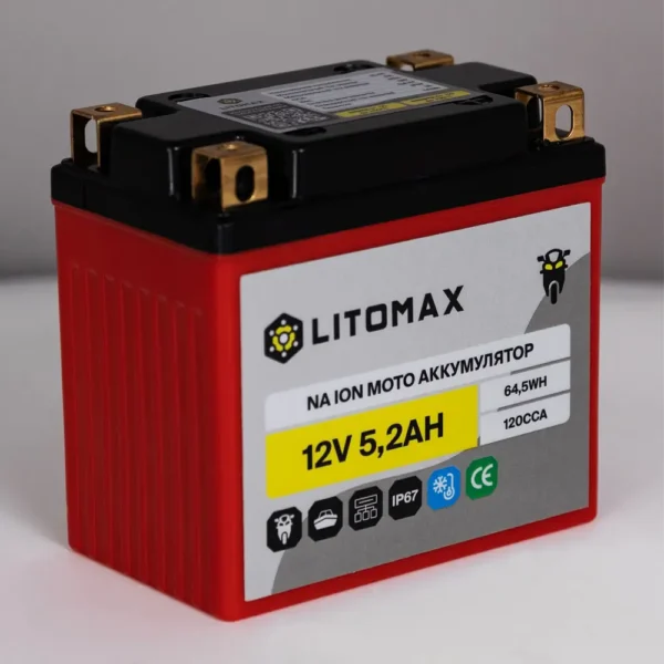 Натриевый стартовый мото аккумулятор LITOMAX 12V 5,2Ah 64,5Wh 120CCA вид сбоку
