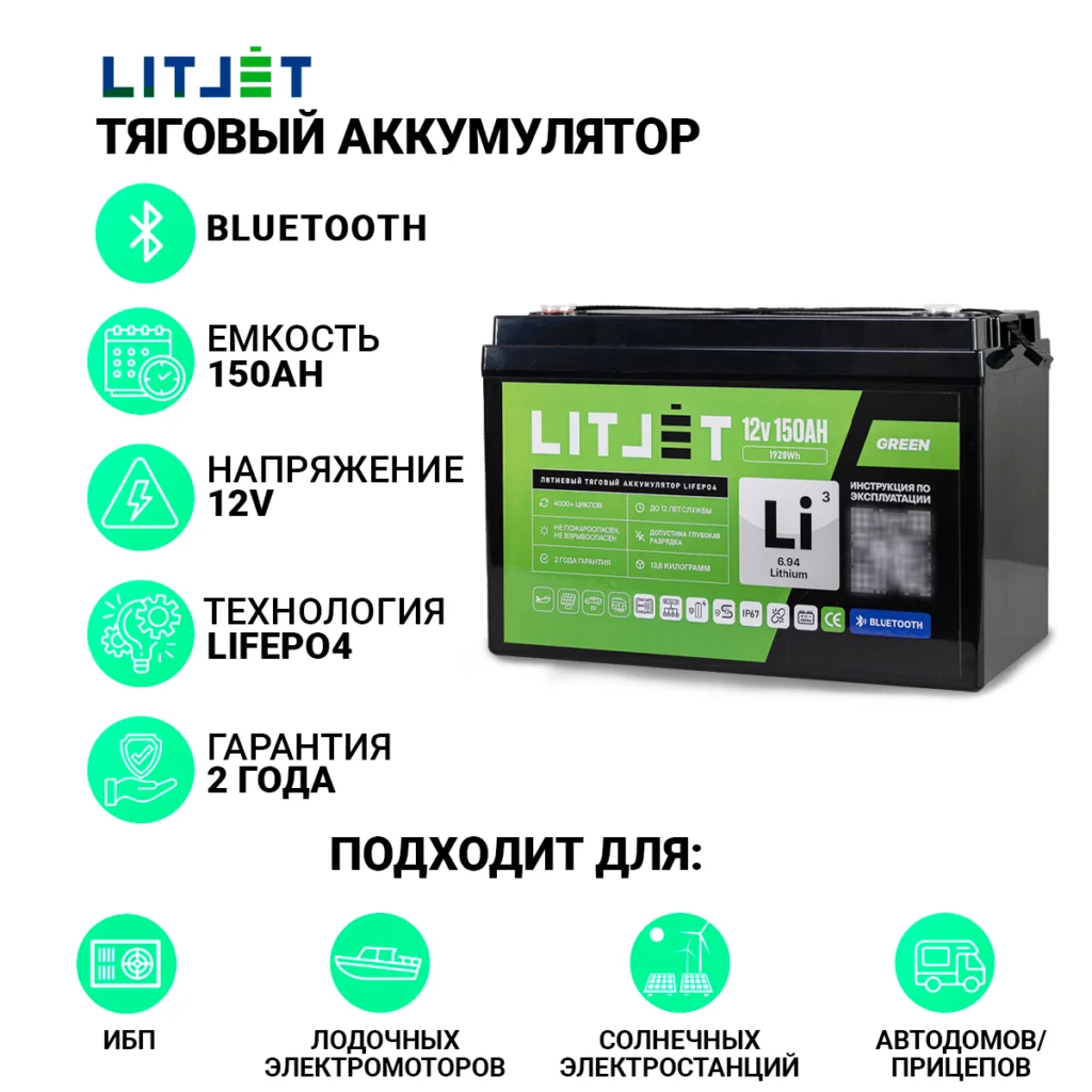 Литиевый аккумулятор тяговый LITJET LiFePO4 12,8V 150Ah с Bluetooth инфографика картинка