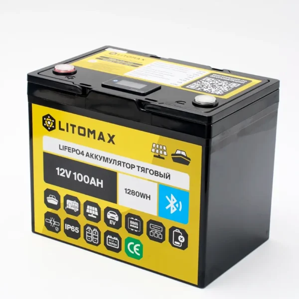 Литиевый аккумулятор тяговый LITOMAX LiFePO4 12V 100Ah 1280Wh c Bluetooth + small monitor IP65 вид корпуса сбоку
