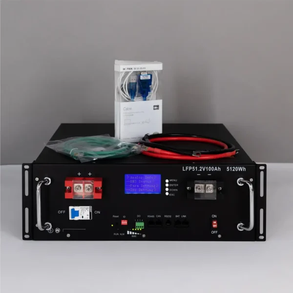 Литиевый аккумулятор тяговый LITOMAX LiFePO4 51,2V 100Ah вид спереди с проводами