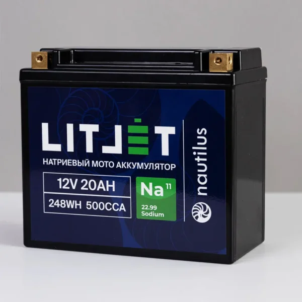 Натриевый стартовый мото аккумулятор LITJET 12V 20Ah 248Wh 500CCA YT20 R+ фото сбоку