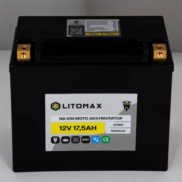 Натриевый стартовый мото аккумулятор LITOMAX 12V 17,5Ah 217Wh YTX30H R+ вид сверху