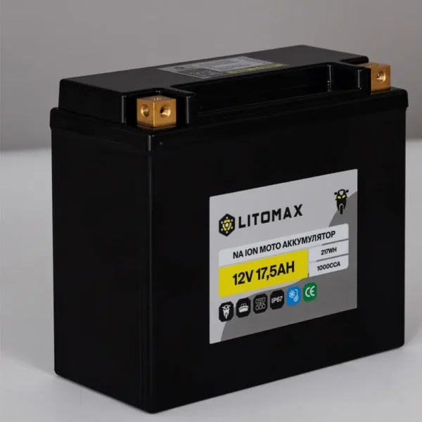 Натриевый стартовый мото аккумулятор LITOMAX 12V 17,5Ah 217Wh YTX30H R+ вид сбоку