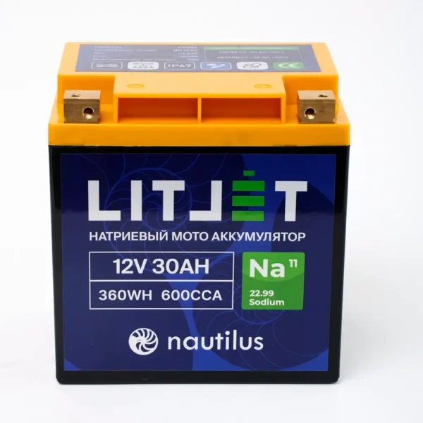 Натриевый стартовый мото аккумулятор LITJET Na+ 12V 30Ah 360Wh 600CCA YT24 R+ вид сверху
