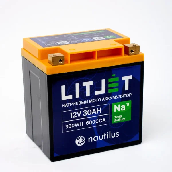 Натриевый стартовый мото аккумулятор LITJET Na+ 12V 30Ah 360Wh 600CCA YT24 R+ корпус