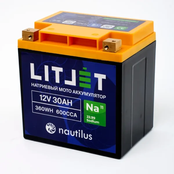 Натриевый стартовый мото аккумулятор LITJET Na+ 12V 30Ah 360Wh 600CCA YT24 R+ фото