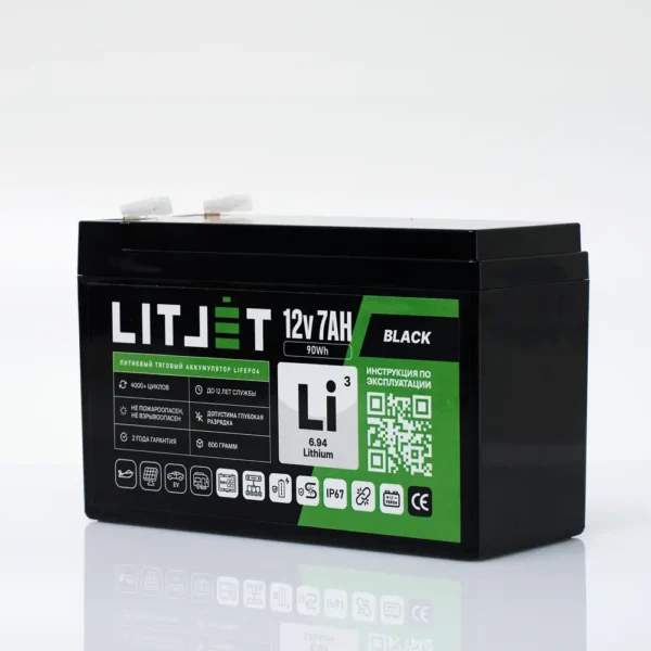 аккумулятор тяговый LITJET BLACK LiFePO4 12V 7Ah 90Wh фото сбоку