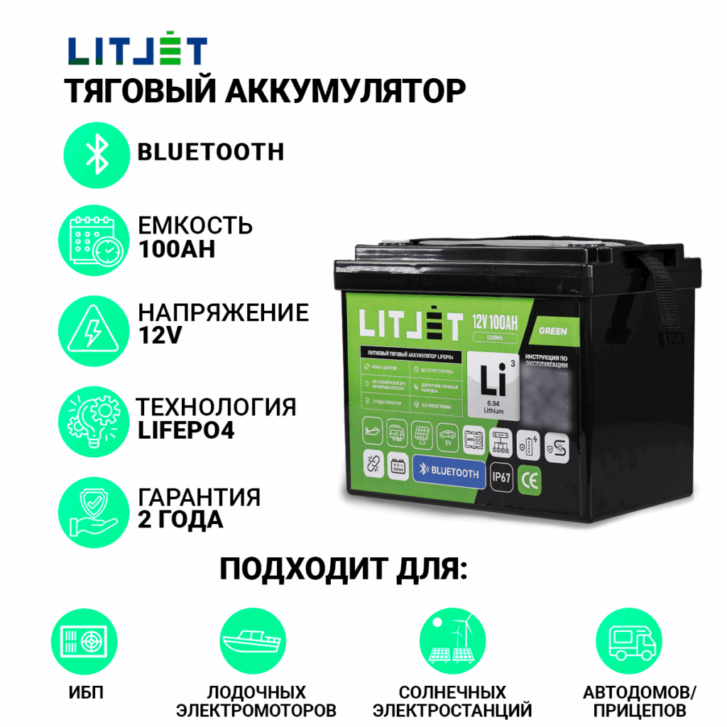Литиевый аккумулятор тяговый LITJET GREEN LiFePO4 12V 100Ah 1280Wh c Bluetooth IP67 Compact инфографика фото сбоку