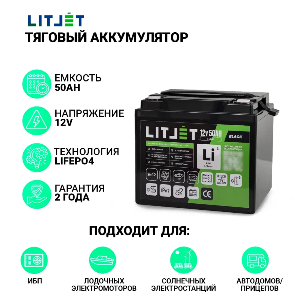 Литиевый аккумулятор тяговый LITJET BLACK LiFePO4 12V 50Ah 640Wh инфографика фото