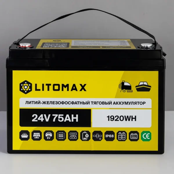 Литиевый аккумулятор тяговый LitoMax LiFePO4 24V 75Ah 1920Wh IP68 вид спереди