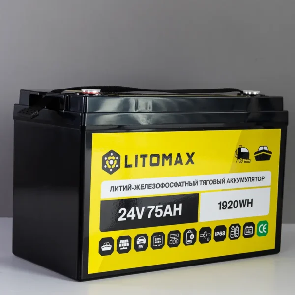 Литиевый аккумулятор тяговый LitoMax LiFePO4 24V 75Ah 1920Wh IP68 фото сбоку