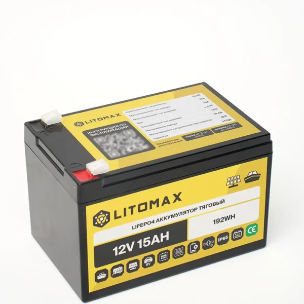 Литиевый аккумулятор тяговый LITOMAX LiFePO4 12V 15Ah 192Wh фото сбоку