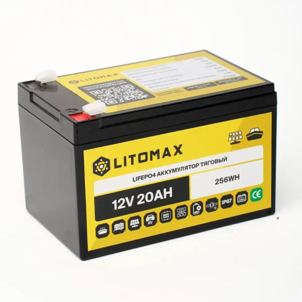 Литиевый аккумулятор тяговый LITOMAX LiFePO4 12V 20Ah IP67 вид сбоку