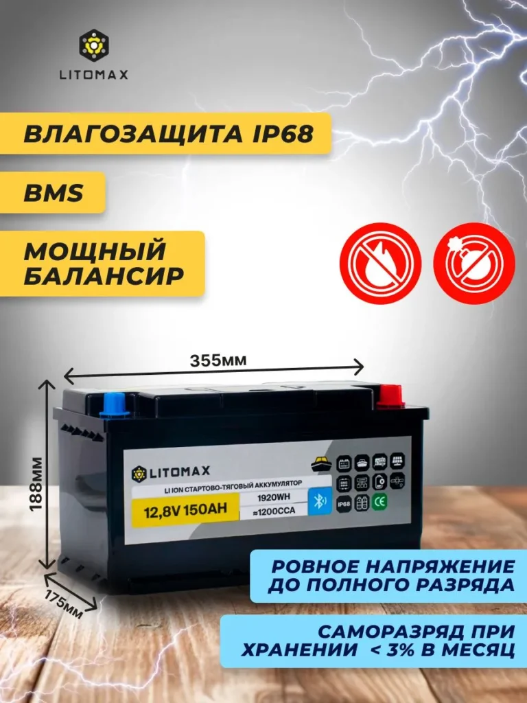 Литиевый аккумулятор cтартово/тяговый ЛИТОМАКС LiFePO4 12V 150Ah 1920Wh 1200CCA инфографика