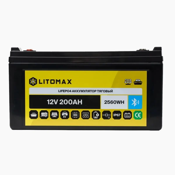 Литиевый аккумулятор тяговый LITOMAX LiFePO4 12V 200Ah с Bluetooth фото спереди