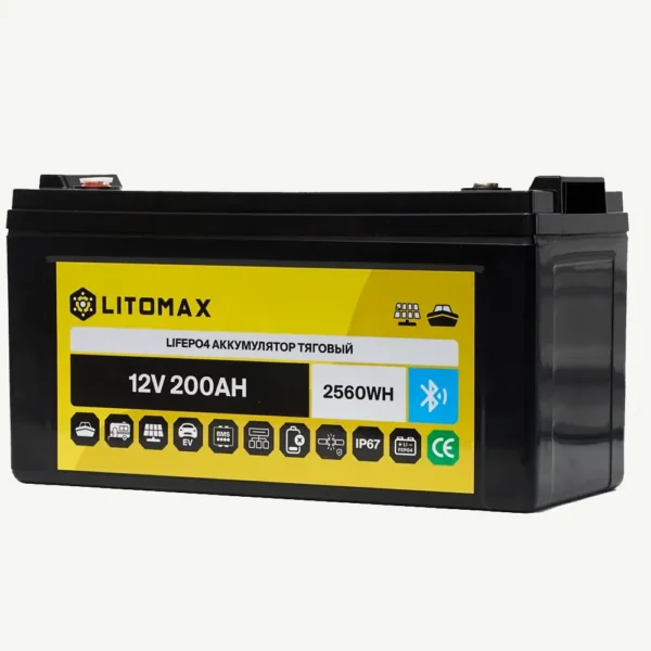 Литиевый аккумулятор тяговый LITOMAX LiFePO4 12V 200Ah с Bluetooth фото сбоку
