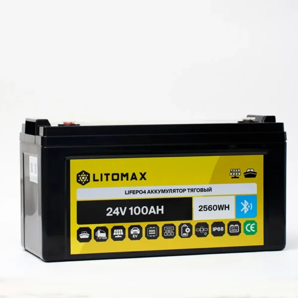 Литиевый аккумулятор тяговый LITOMAX LiFePO4 25,6V 100Ah с Bluetooth IP68 фото сбоку