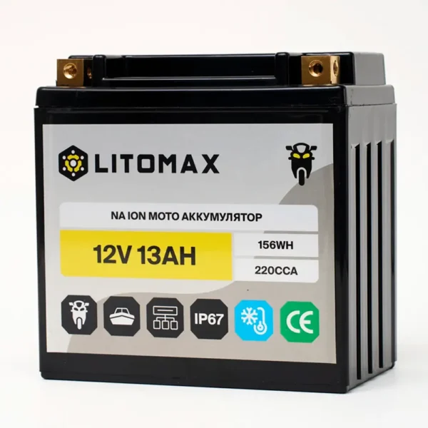 Натриевый стартовый мото аккумулятор LITOMAX Na+ 12,4V 13Ah 220CCA YTX14A R+ картинка сбоку