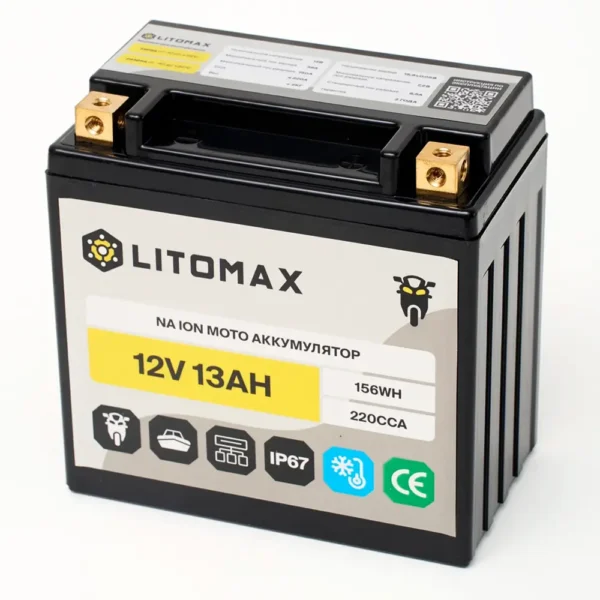 Натриевый стартовый мото аккумулятор LITOMAX Na+ 12,4V 13Ah 220CCA YTX14A R+ фото сбоку