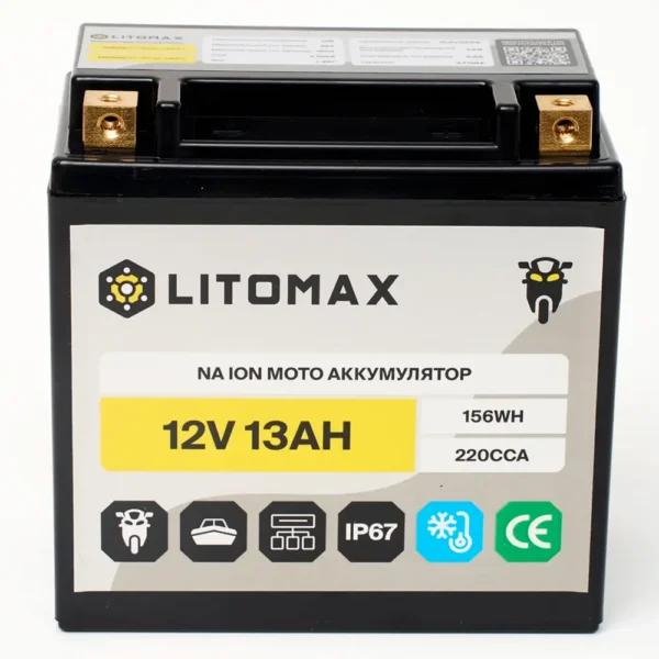 Натриевый стартовый мото аккумулятор LITOMAX Na+ 12,4V 13Ah 220CCA YTX14A R+ фото спереди