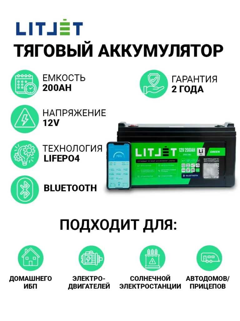 Литиевый тяговый аккумулятор ЛИТДЖЕТ серии GREEN LiFePO4 12 В 200 А·ч, 2560 Вт·ч с поддержкой Bluetooth, защитой IP67, BMS 200 А инфографика