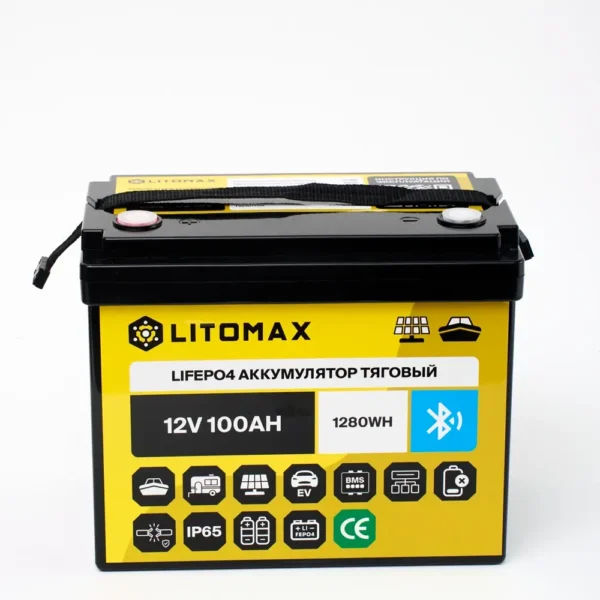 аккумулятор тяговый LITOMAX LiFePO4 12,8V 100Ah c Bluetooth вид спереди