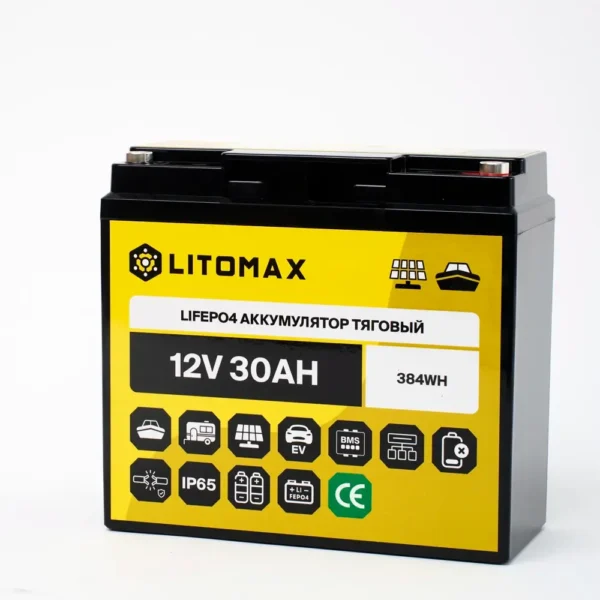 аккумулятор тяговый LITOMAX LiFePO4 12V 30Ah 384Wh IP65 фото