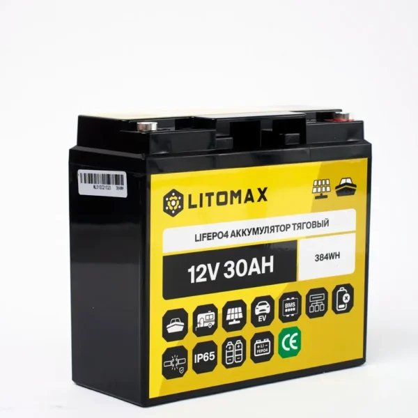 аккумулятор тяговый LITOMAX LiFePO4 12V 30Ah 384Wh IP65 фото корпуса