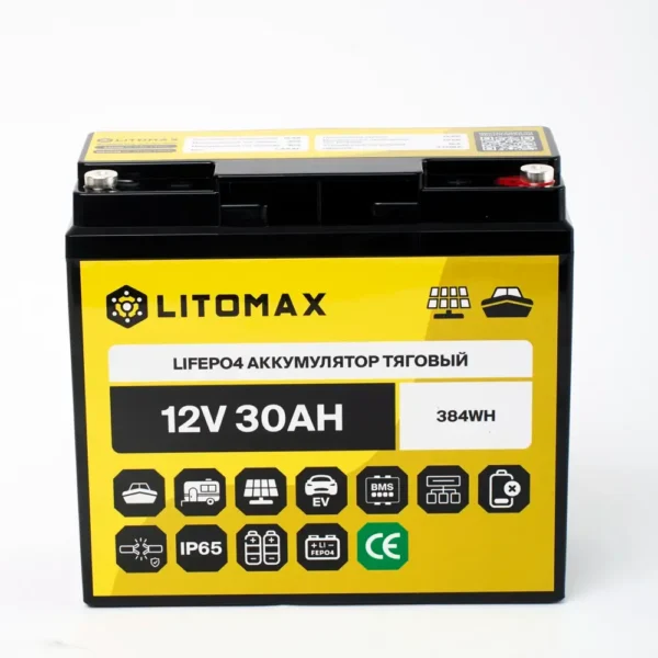 аккумулятор тяговый LITOMAX LiFePO4 12V 30Ah 384Wh IP65 вид спереди